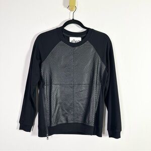 AIKO Black Leather Front Crewneck Raglan Sleeve Sweater